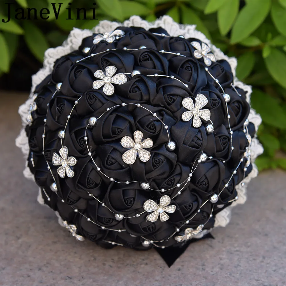 

JaneVini Black Rose Articielle Crystal Wedding Bouquet Silver Rhinestones Bridal Brooch Bouquet Bridesmaid Satin Flowers Slub