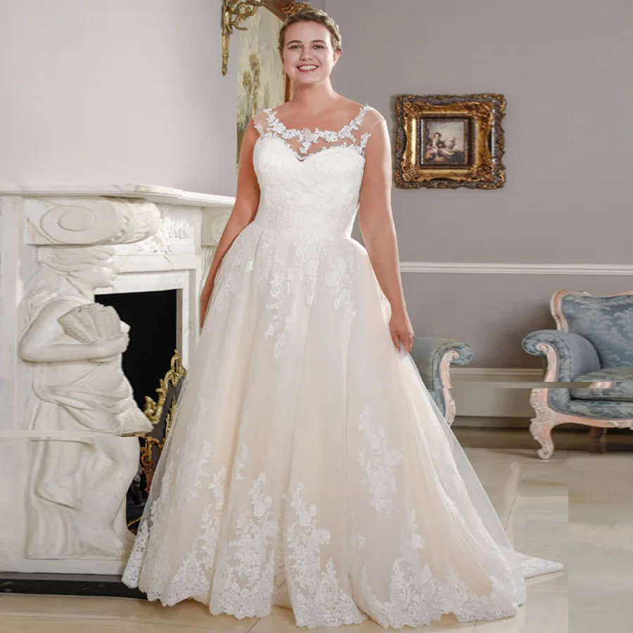 

New Arrival Plus Size Wedding Dresses Sleeveless Scoop Neck Lace Applique A Line Bridal Wedding Gowns Vestido De Novia