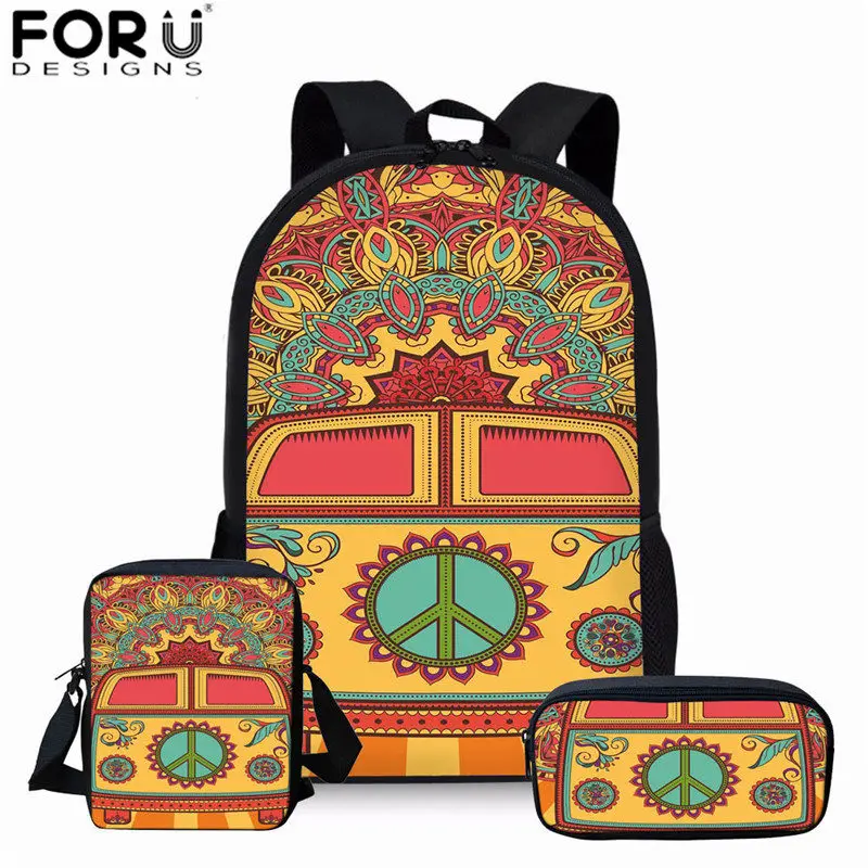 FORUDESIGNS/хиппи с принтом автобуса желтые школьные сумки для девочек подростков