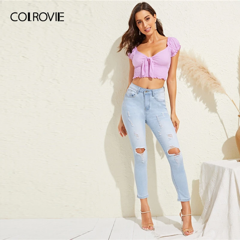 COLROVIE/фиолетовый однотонный топ с оборками и узлом спереди, Boho, укороченный топ, женская одежда, летние сексуальные футболки для отдыха