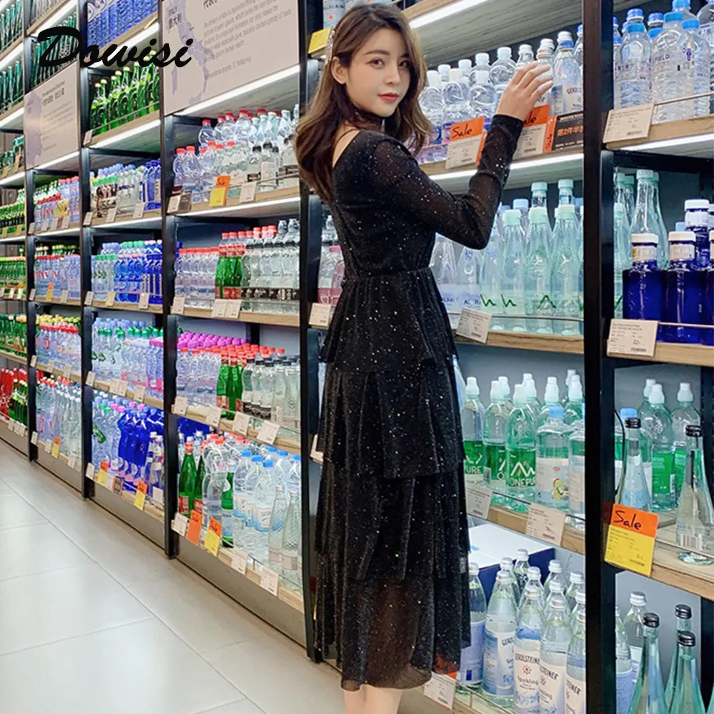Женское платье с блестками Dowisi модное осеннее нарядное v-образным вырезом на
