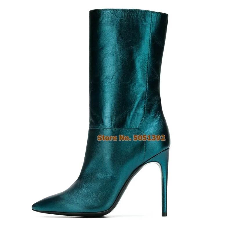 

Green Black PU Leather Women Pointed Toe Mid-calf High Thin Heel Fashion Short Boots Large Size