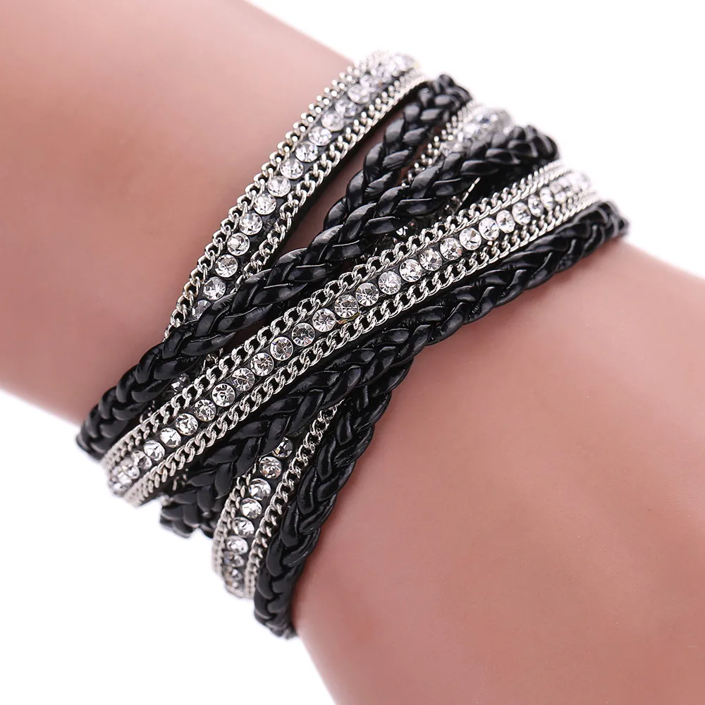 Многослойный плетеный кожаный браслет ручной работы со стразами и магнитной