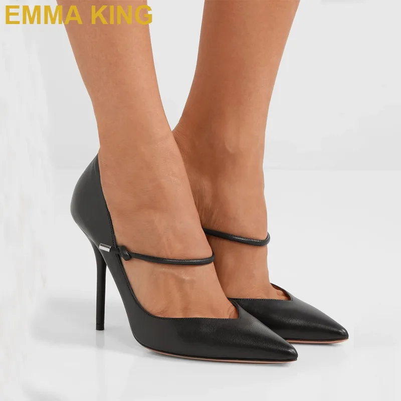 Женские туфли на высоком каблуке черные кожаные лодочки с V образным вырезом