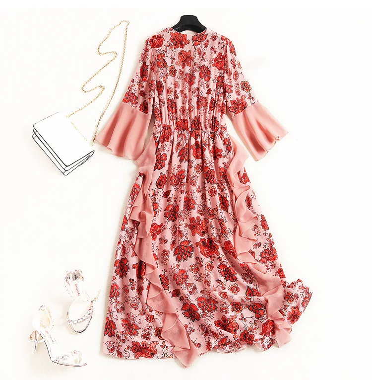 2019 Новое весеннее платье с расклешенными рукавами в американском стиле 3/4