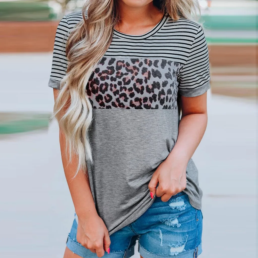 Женская мода короткий рукав полосатый сплайсинга Леопардовый принт футболка