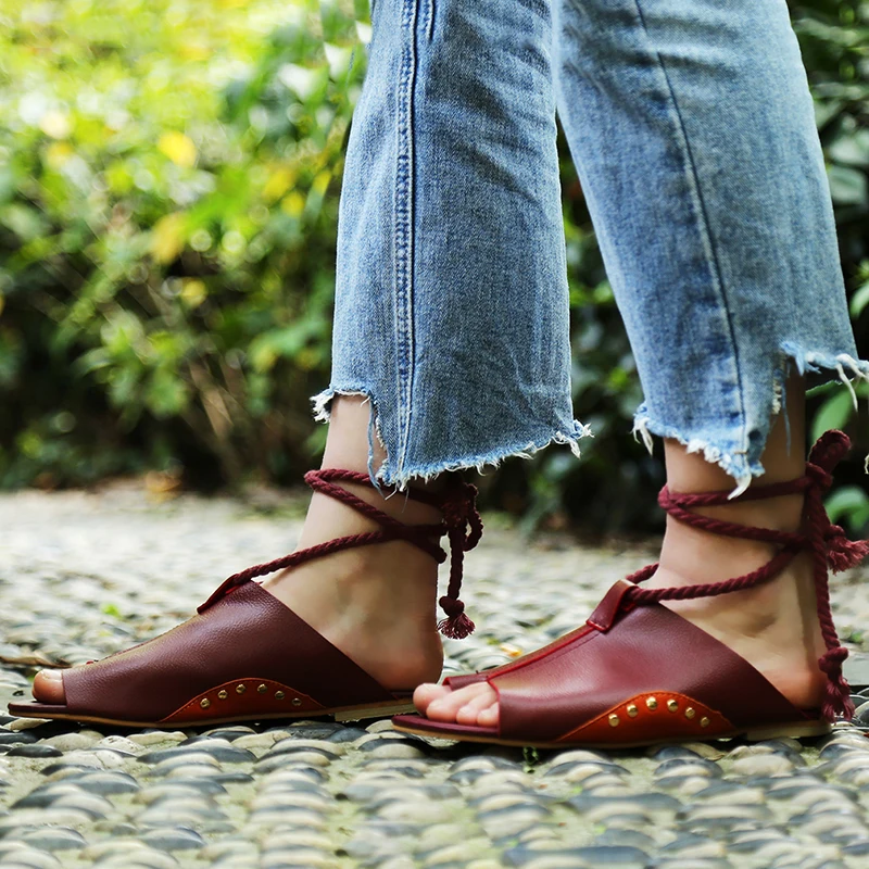 Женские сандалии на низком каблуке повседневные пляжные гладиаторы до щиколотки