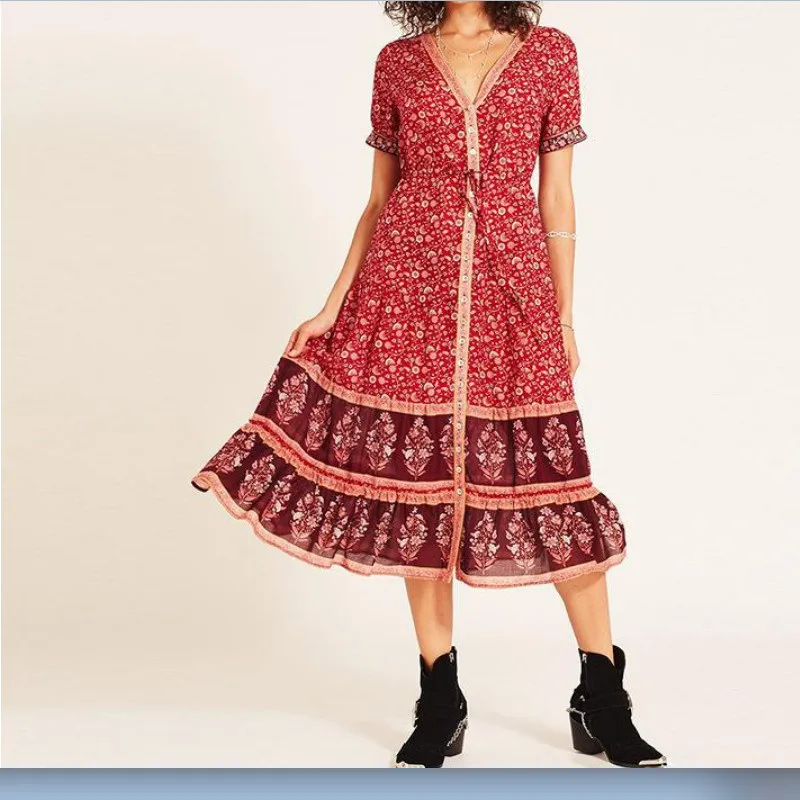 Fashion New Dress Womens Boho Floral Deep V-Neck Short Sleeve Long Evening Party Casual Loose Beach Sundress | Женская одежда