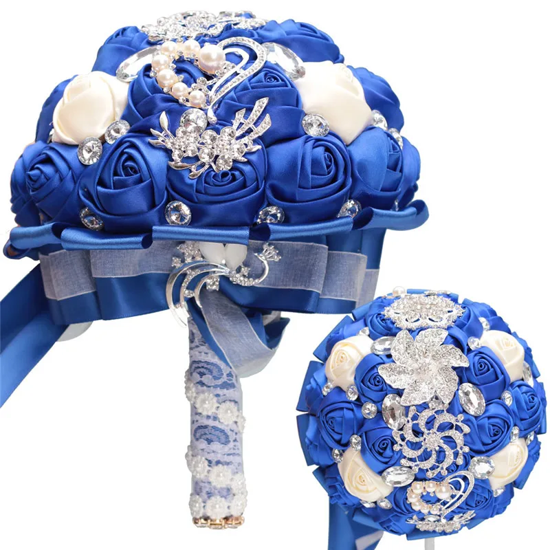 WifeLai-A Custom Royal Blue Ivory Brooch Bridal Hand Holding Flower Bouquets Bridesmaid Crystal Silk Wedding Bouquet W228-17 | Свадьбы и