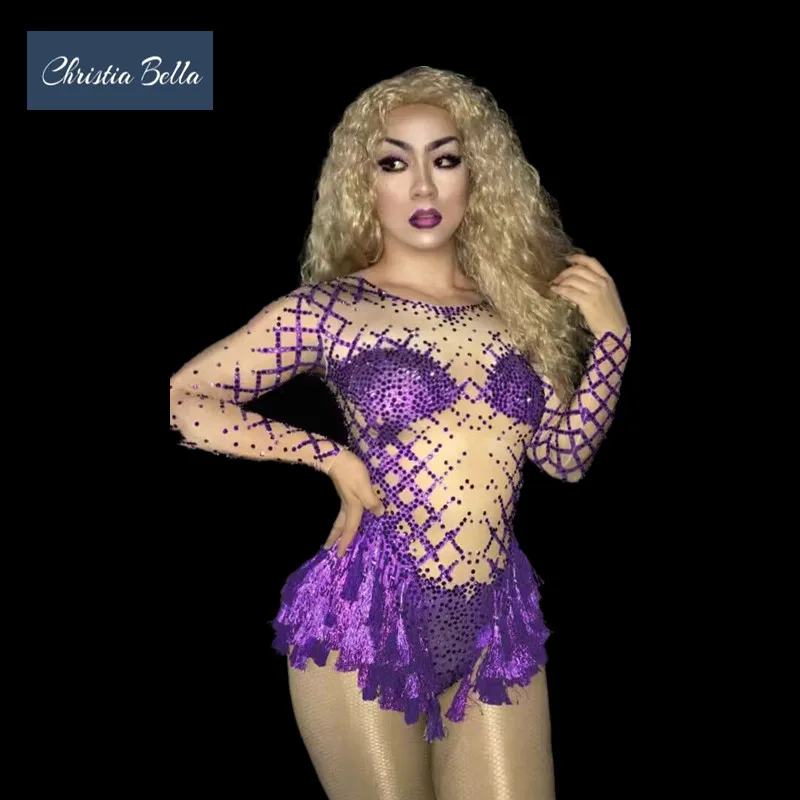 Christia Bella Fashion Jazz Singer Party Outfits Women Sexy Tassels Crystal Bodysuit Nightclub Pole Dancing Stage Costumes