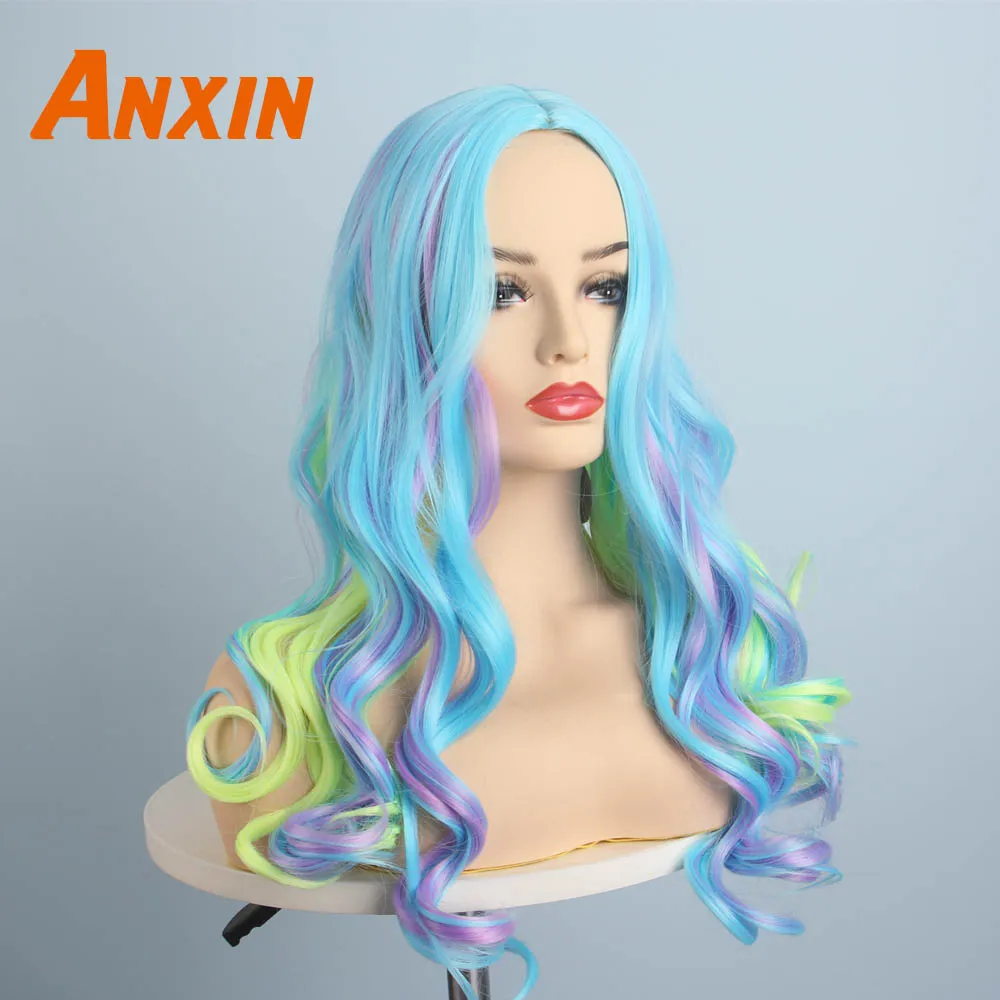 WigA Anxin милые длинные волнистые красочные с цветком Bwoknot аксессуары вечерние аниме термостойкие синтетические парики для женщин девочек - Цвет: WigA