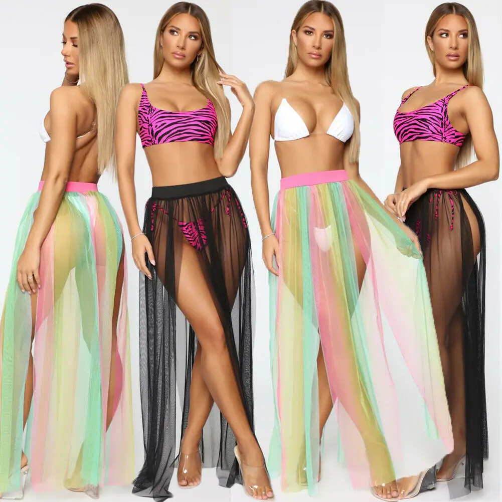 

Womens Swim Wear Lace Bikini Cover Up Sheer See-through Beach Mini Wrap Elastic High Waist Skirt Split Silt Sarong Pareo Skirt