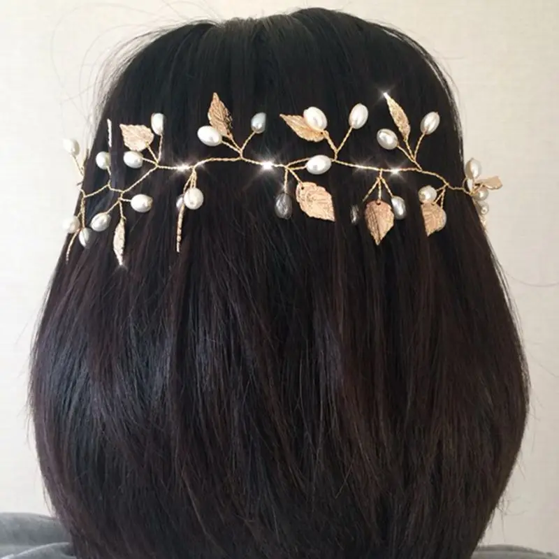 Жемчужно-белый + золотые листья милая Свадебная головная повязка для невесты