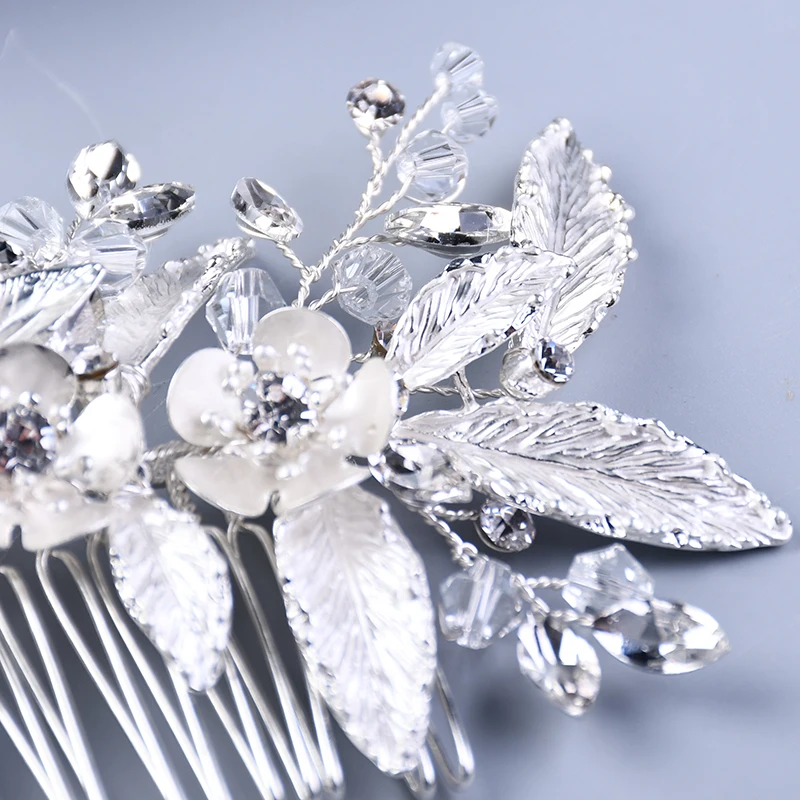 

Shiny Silver Crystal Flower Hair Combs Head Decoration Elegant Women Wedding Accessories Leaf Style Insert Comb Ornament