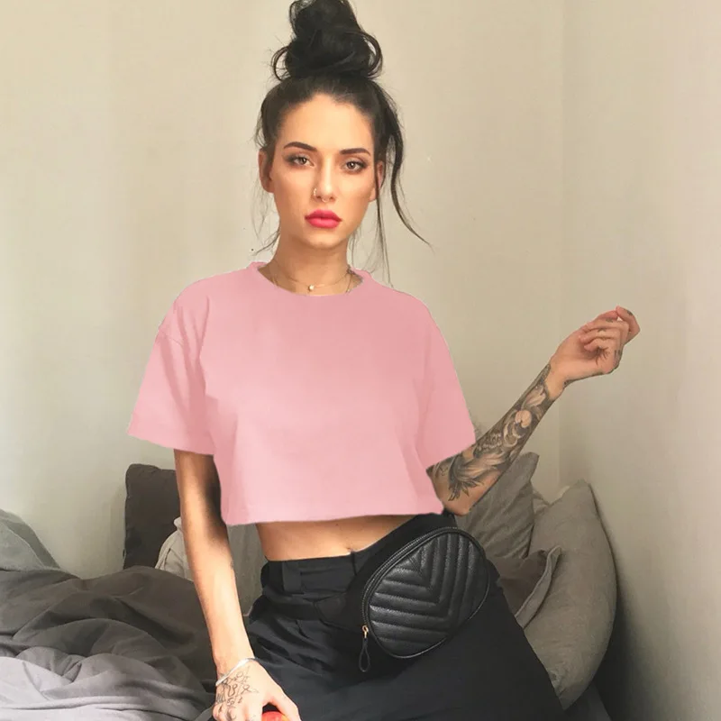 solid color loose crop top women casual short sleeve t shirt white black gray red pink yellow green mini | Женская одежда