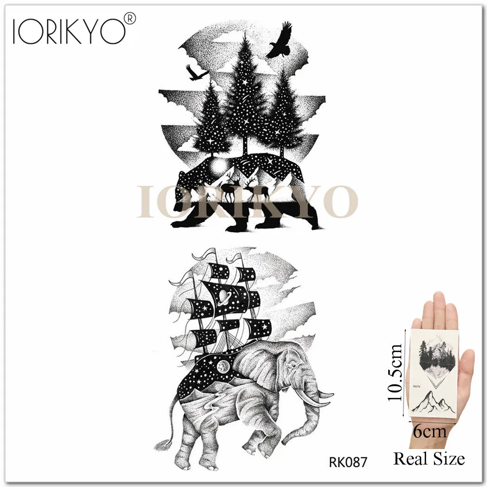 Iorikio, черная Геометрическая временная татуировка, женские наклейки, тело, рука, водостойкие татуировки, сосна, вершина Холма, мужские, лодыжки, поддельные татуировки, паста