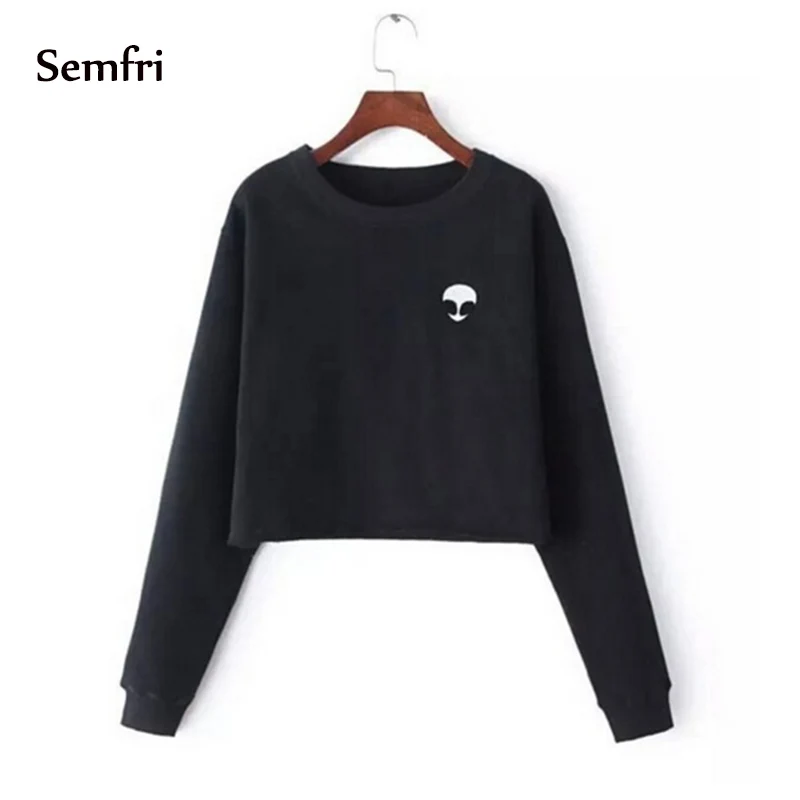 Semfri Women Fleece Aliens Printing Hoodies Sweatshirts Harajuku Crew Neck Sweats Clothing Feminina Loose Short Warm | Женская одежда