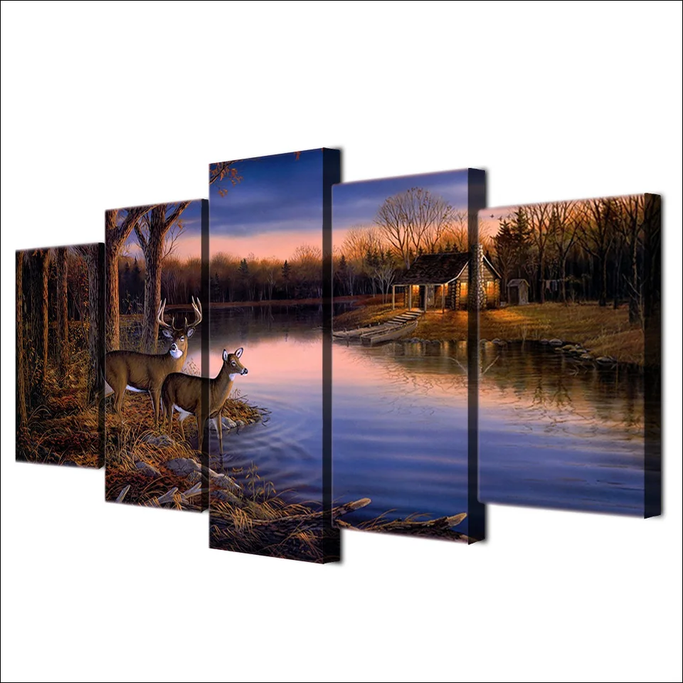 Modern Home Decor HD Prints Pictures Wall Frame 5 Piece Deer Lake Sunset Nature Landscape Canvas Painting For Living Room PENGDA | Дом и сад