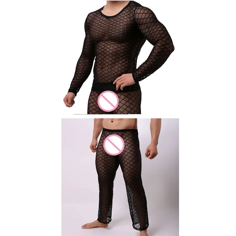 black top and pants Пижама из сеточки, комплект для мужчин, одежда для сна с длинными рукавами, экзотическая Сетчатая футболка в сеточку, тонкая верхняя нижняя рубашка для сна, штаны, брюки - Цвет: black top and pants