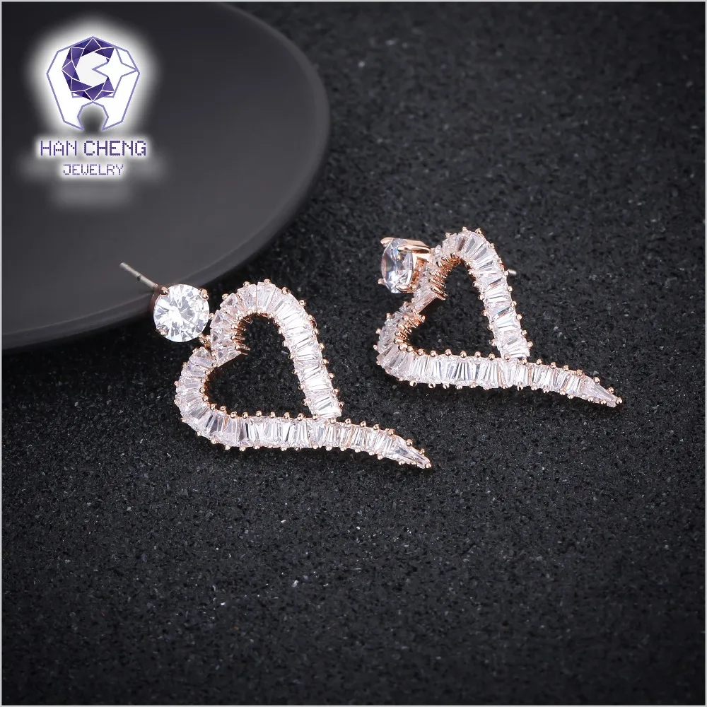 HanCheng New Big Copper Hollow Heart Hanging 925 Silver Nail Gem Stone CZ Zircon Drop Earrings For Women Jewelry brincos bijoux | Украшения