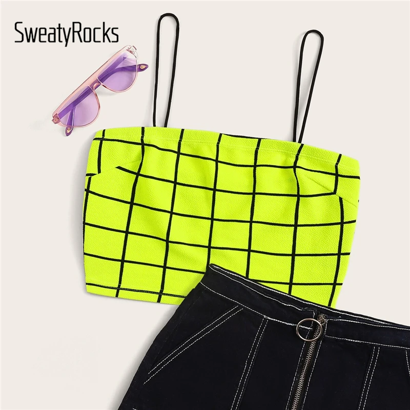 SweatyRocks женский топ на бретельках с сеткой, спортивная одежда, летние топы для активного отдыха, женские неоновые лаймовые тонкие облегающие сексуальные майки на бретельках