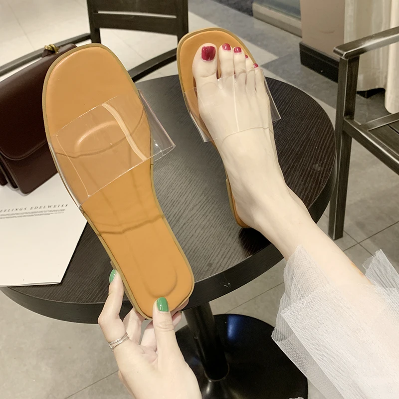 

2019 Summer Transparent Flat Women Shoes Transparent Upper Comfortable Short Casual Female Slippers Solid Beach Woman Slides