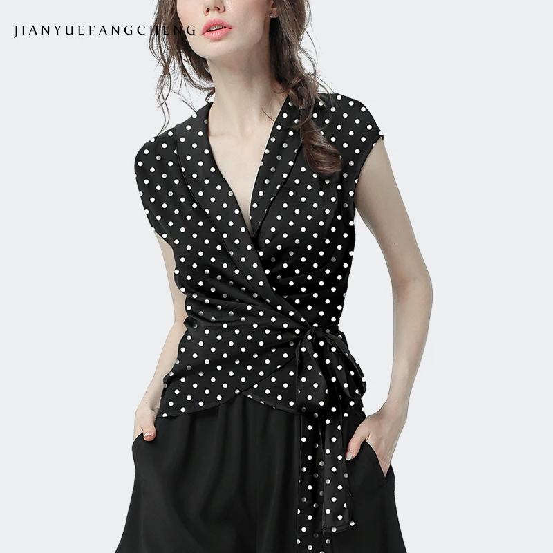 100% шелковый топ с узором в горошек блузка для женщин пикантная облегающая поясом
