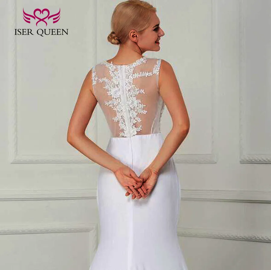 

Sexy Illusion Elastic Satin Simple Mermaid Wedding Dress White Color Plus Size Court Train Elegant Wedding Dress W210