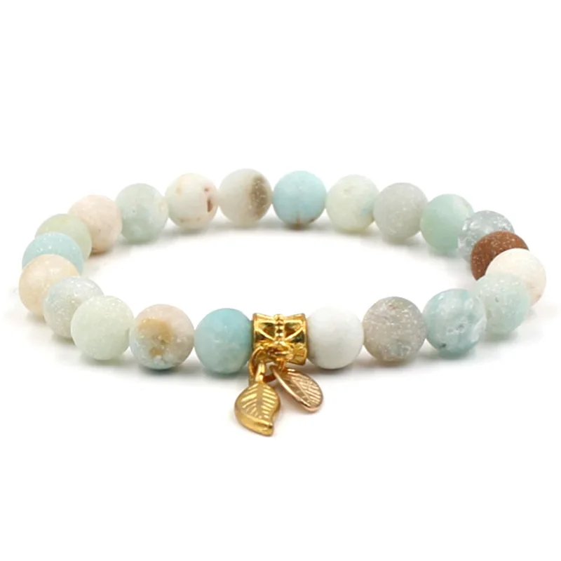 Simple Jewelry Star Leaf Crown Pendant Bracelets 8mm Frosted Amazonite Beaded Bracelet For Women Men Yoga Energy Gifts | Украшения и