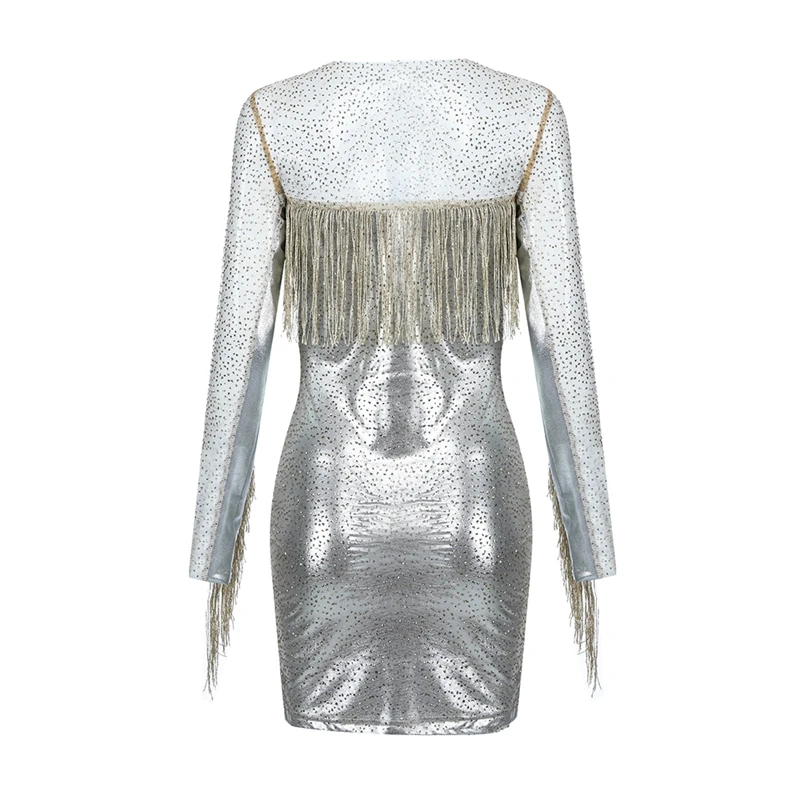 

INDRESSME 2019 New Sexy Long Sleeves Mesh Fringe Tassel Bodycon Mini Dress