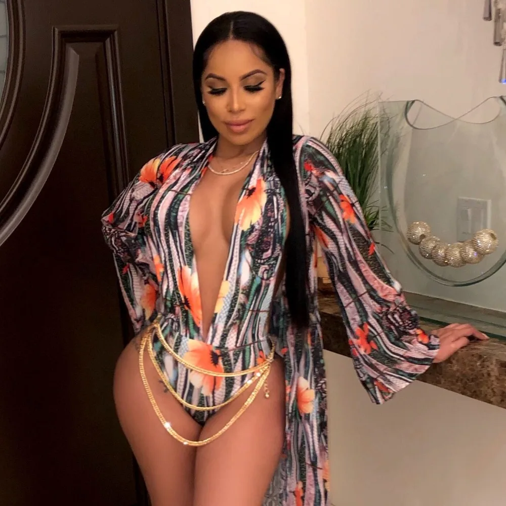 Floral Digital Print Women Bodysuits Summer Beach Trench With Rompers Bodysuits Set