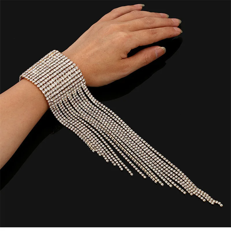 

Exaggerated Iced Out Multi-row Multi-layer Flash Bling Shiny Big Tassel Bracelet Paved Rhinestone For Women Jewelry Dropshipping