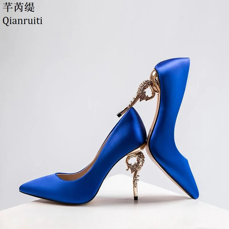 Qianruiti Pink Red Silk Stiletto Heels Women Single Shoes Metal High Bridal Wedding Sexy Pointed Toe Pumps | Обувь
