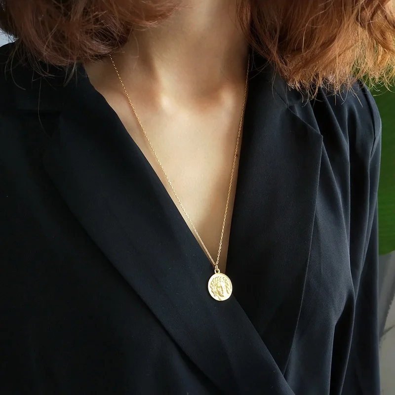 F.J4Z Real s925 Sterling Silver Gold Color Greek Myths God medallion pendant Fashion choker Pendant necklace For Women
