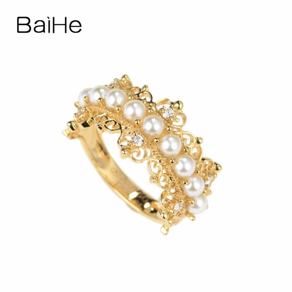 The great pearl BAIHE твердое кольцо из 14 К желтого золота 2 мм, круглый натуральный пресноводный жемчуг, обручальное кольцо, обручальное кольцо, модное ювелирное изделие, подарочное кольцо - Цвет камня: The great pearl