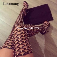 luxurious sexy women thigh high summer sandals shoes pointed rivet studded and cutouts meshes over the knee sandals footwear