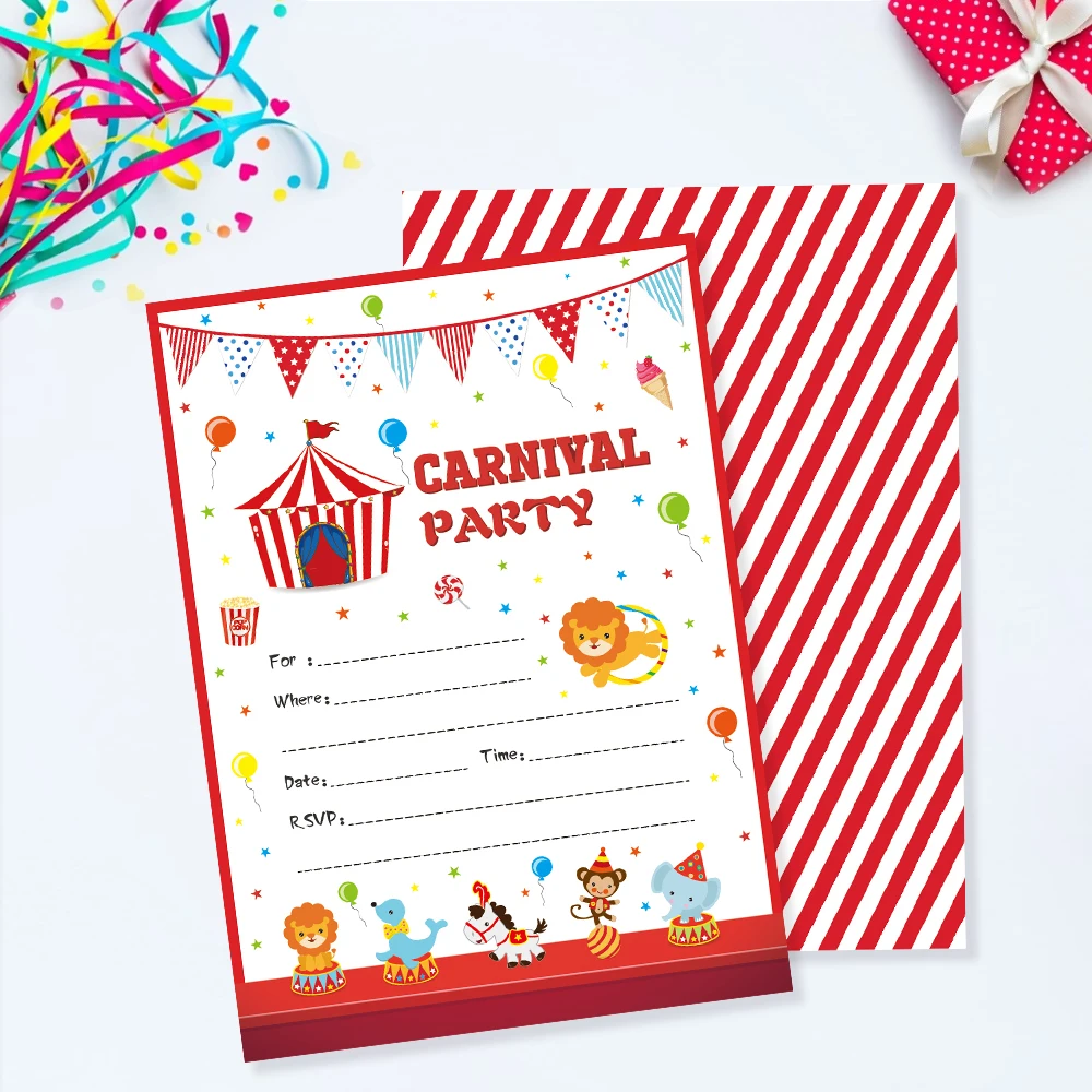 

Carnival Party Invitations Cards Cartoon Circus Animals Invitation Kids Carnival Theme Birthday Party Favor Decorations ZZ005