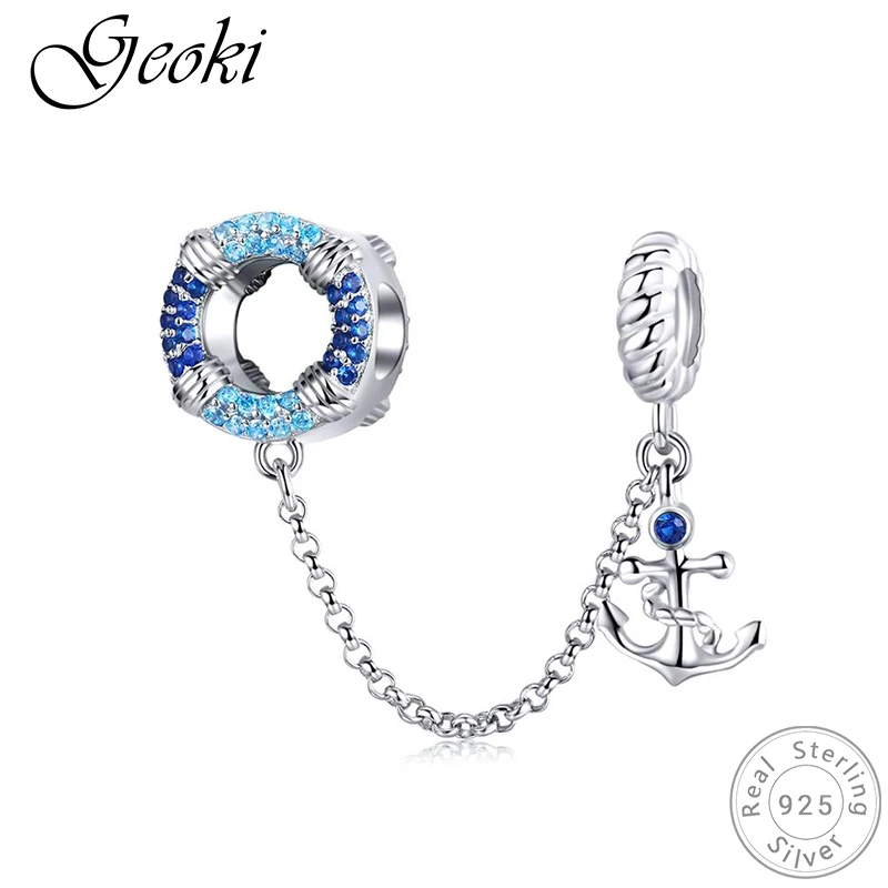 Geoki, 925 пробы, серебряное навигационное колесо и якорь, безопасная цепь, подходит для браслета Pandora, морское направление, подвески, оригинальное Изготовление ювелирных изделий