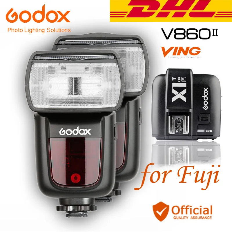 

DHL 2xGodox V860II-F TTL вспышка для фотокамер Speedlite HSS 1/8000s Вспышка Speedlite + передатчик для цифровой фотокамеры Fuji X-Pro2/X-Pro1/X-T10/X-T20/X-T2 X-T1/X100F X100T X-A3