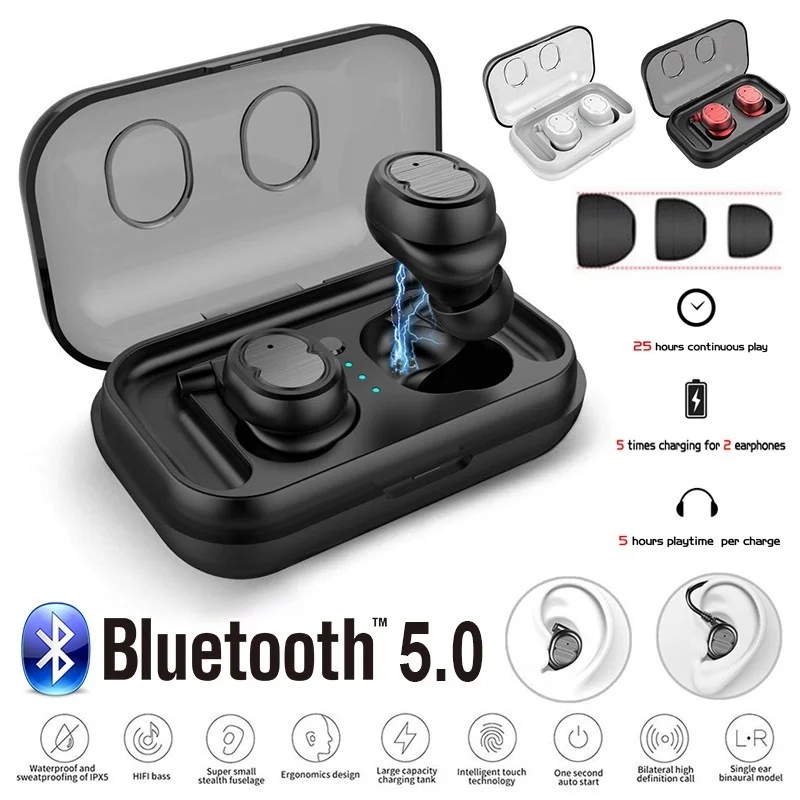 Беспроводные водонепроницаемые стереонаушники IPX5 с поддержкой Bluetooth и зарядным