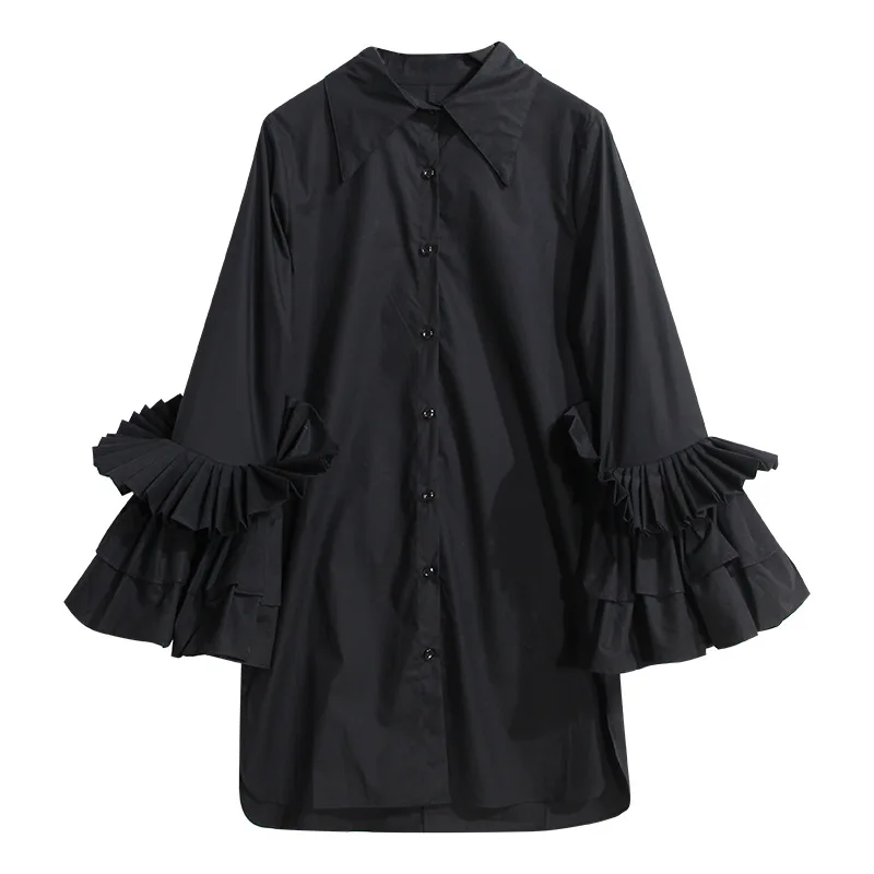 Женская плиссированная рубашка средней длины с расклешенными рукавами блузка