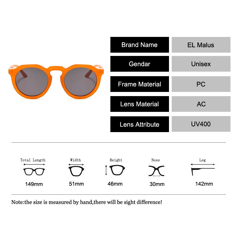 

[EL Malus] Fashion Round lens Sunglasses for Women Female Trendy Eyewear Orange Yellow UV400 Girl Sun Glasses Gafas De Sol