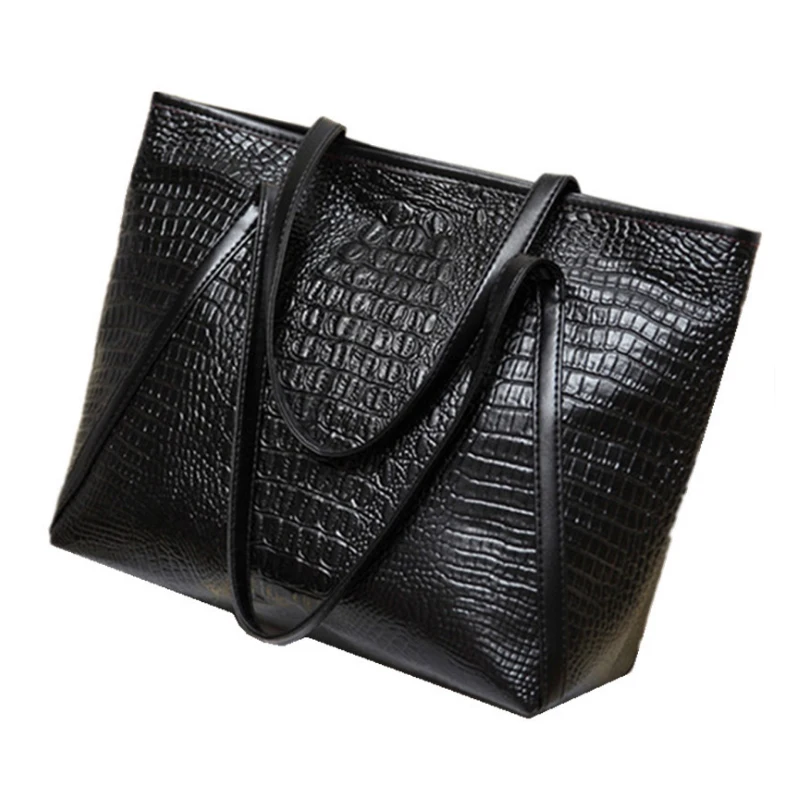 

Hot-New fashion casual glossy alligator totes large capacity ladies simple shopping handbag PU leather shoulder bags(Black)