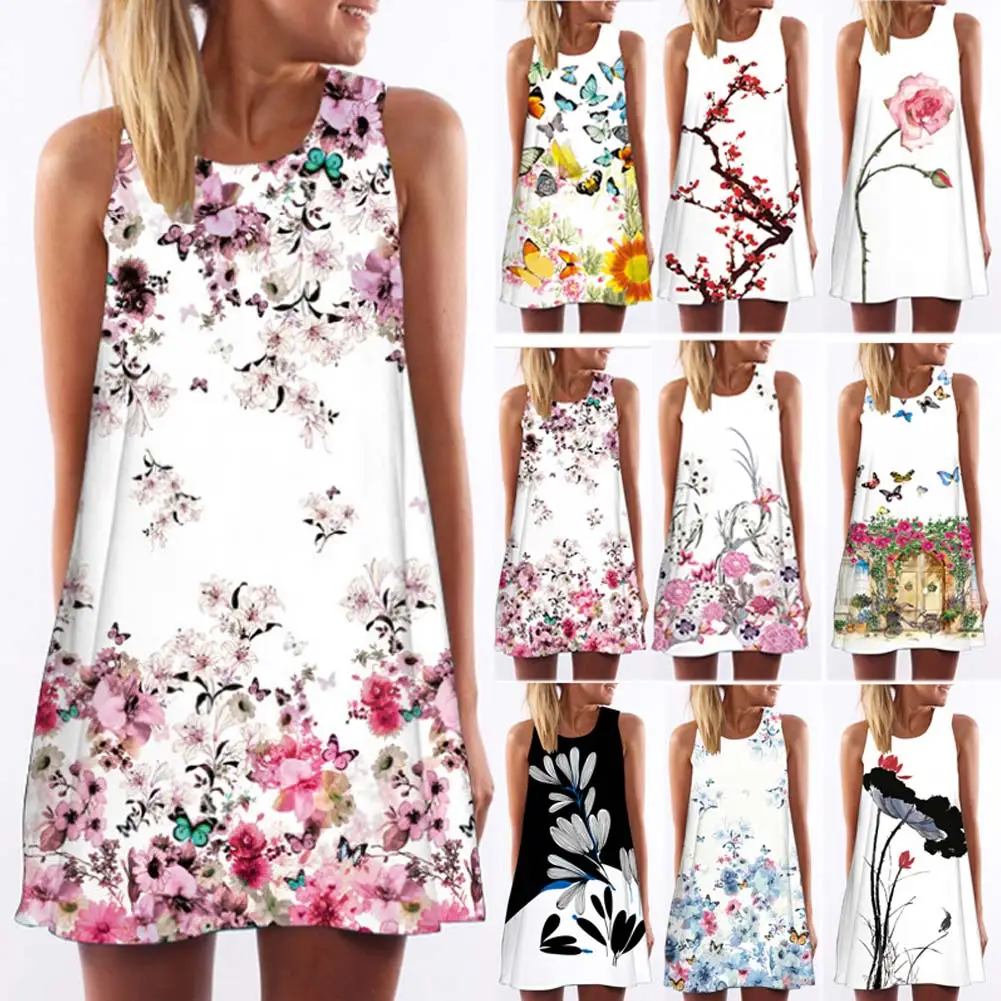 Женское платье без рукавов с круглым вырезом повседневное свободное пляжное