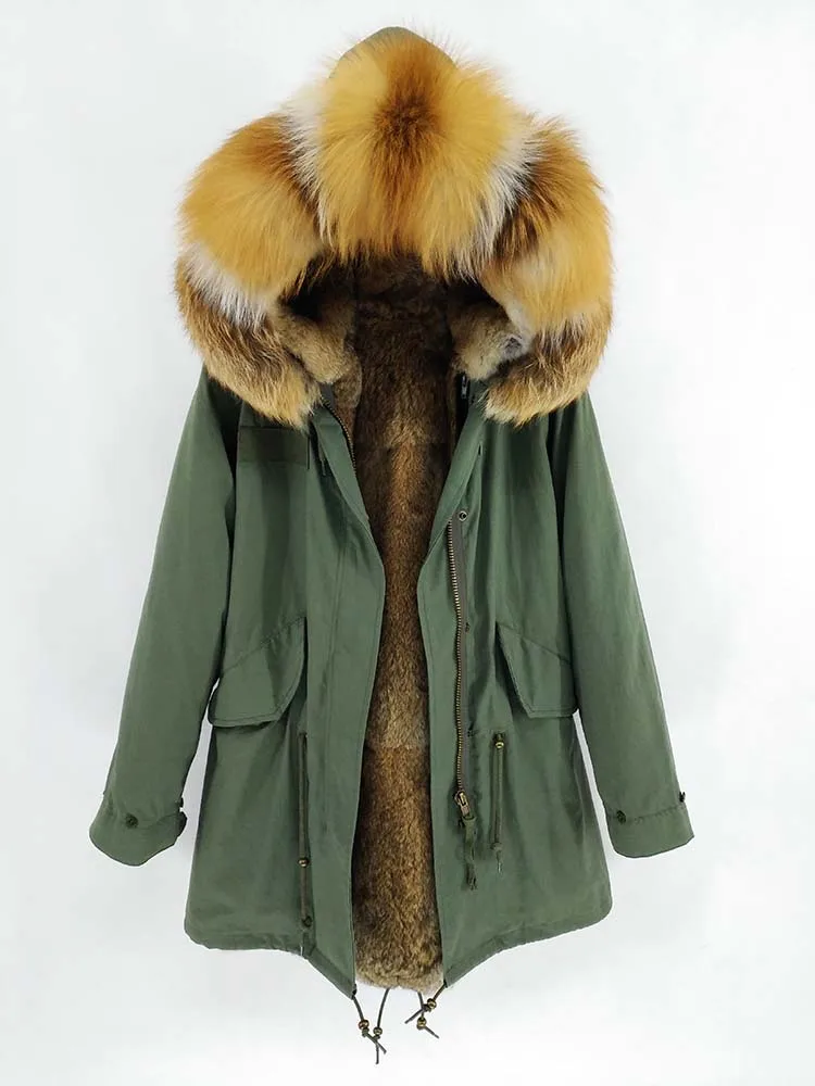 red fox fur collar Непромокаемая парка Зимняя куртка Для женщин Настоящее меховое пальто Натуральный воротник Натуральный Мех кролика Длинная одежда для улицы - Цвет: red fox fur collar