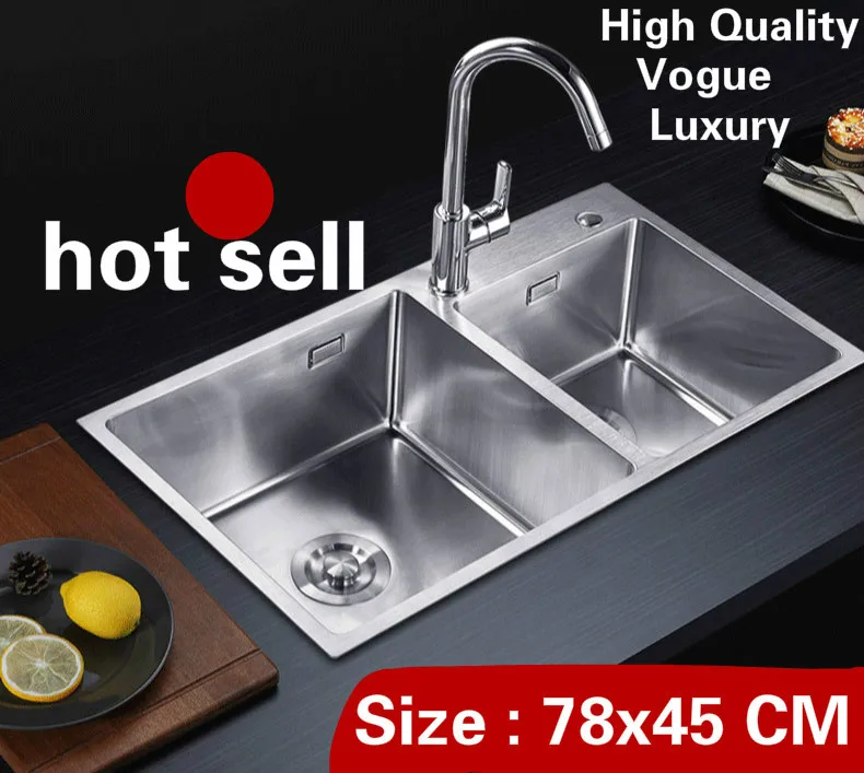 

Free shipping Home luxury kitchen manual sink double groove wash vegetables durable 304 stainless steel hot sell 78x45 CM