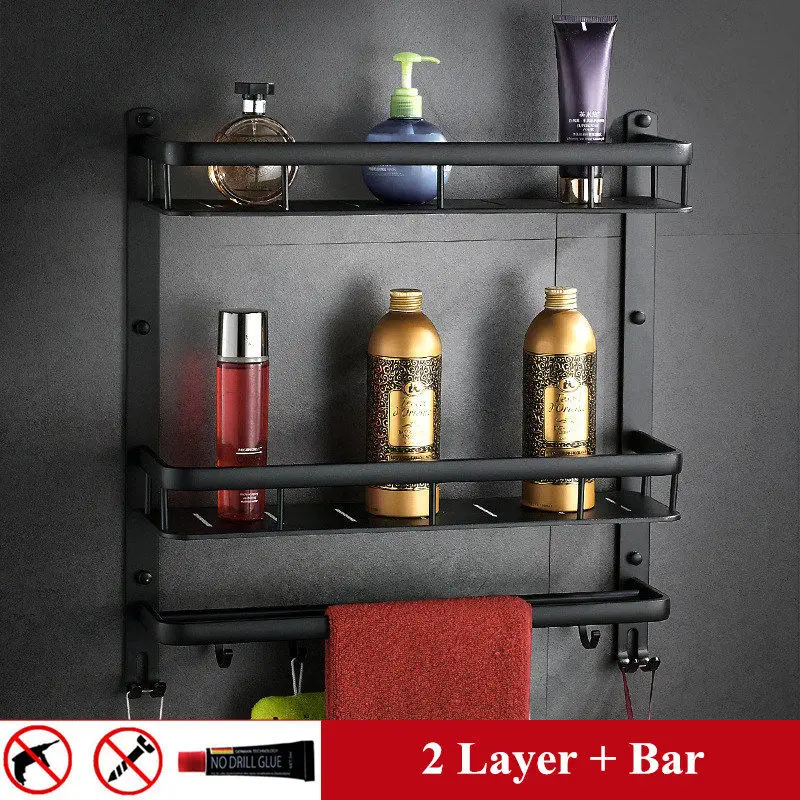 2 Layer and Bar Ванная Комната Черная полка алюминиевый Душ Caddy угловые полки для ванной вешалка для полотенец с барным крюком Фен держатель etagere salle de bain - Цвет: 2 Layer and Bar