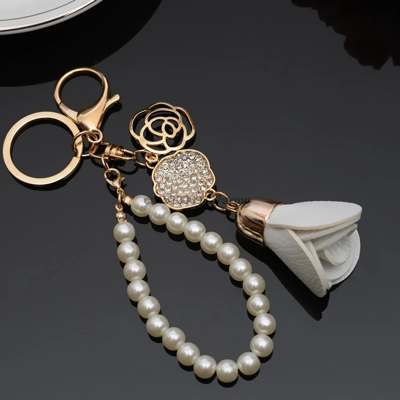 100PCS Camellia Leather Tassels Keychain Bag Pendant Car Ornaments Creative Gifts Long Key Chain Buckle Ring | Украшения и
