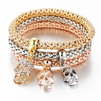 fashion 3pcs gold charm bracelets bangles femme crystal heart skull elastic bracelets for women girls cuff jewelry accessories