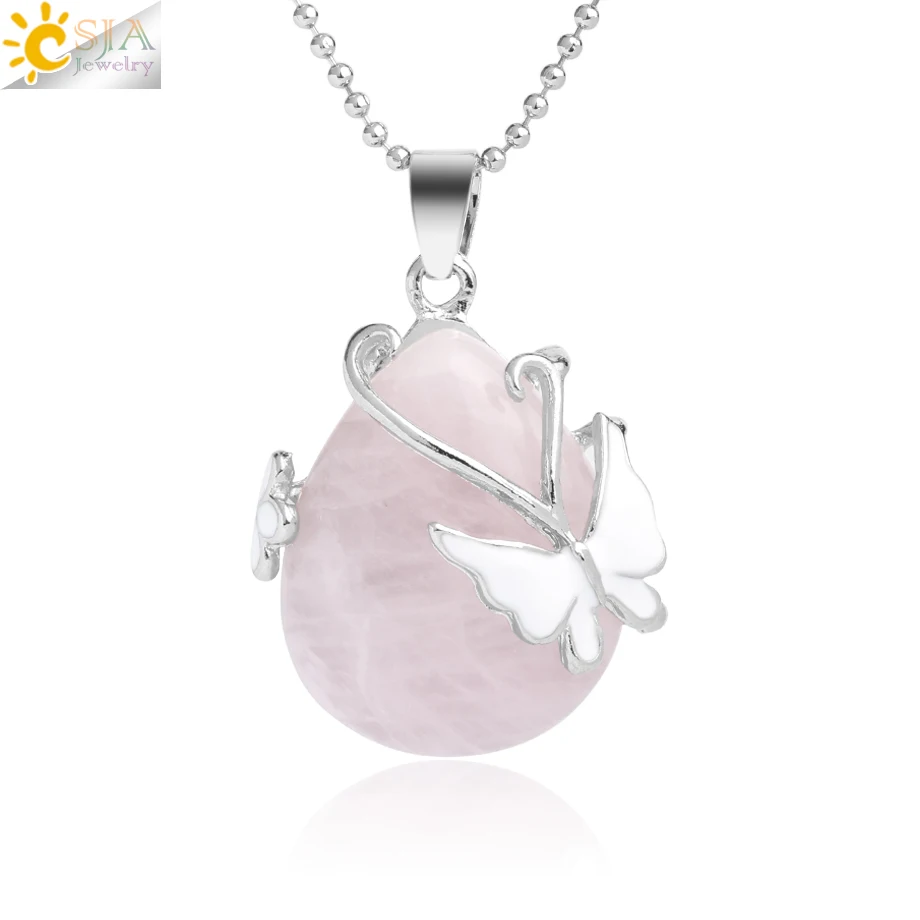 Rose Quartz Chain CSJA капли воды натуральный камень кулон розовый кварц фиолетовый кристалл тигровый глаз бабочка цветок Подвески ожерелье для женщин мужчин G082 - Окраска металла: Rose Quartz Chain